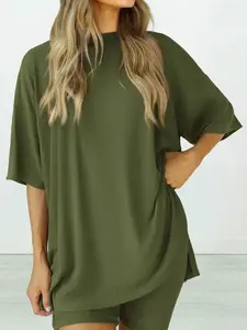 Women's Solid Color T-Shirt and Tight Shorts Lounge Set Loungewear, Casual Comfortable Round Neck Sleepwear for Summer, Features Pockets and Suitable for Outdoor Wear, Women's Pyjama Set, Pajama Set