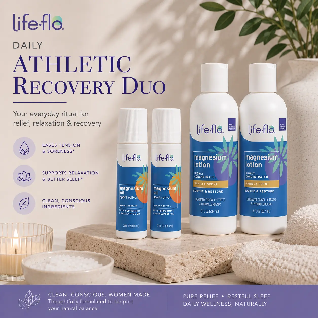 Life-flo Athletic Recovery Duo — Magnesium Oil Sport Roll-On 2-Pack + Magnesium Lotion Twin Pack Vanilla — Recovery Routine for Active Adults
