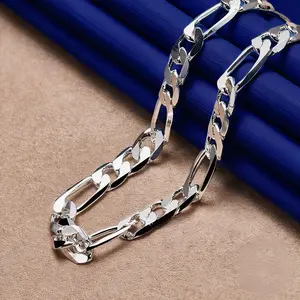 925 silver plated 8mm Geometric 19.68 Inch-25.59 Inch Cuban Chain Necklace For Man Women Party Engagement Wedding Gift Fashion Charm Jewelry