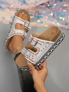 Women's Bohemian Style Full Rhinestone Thick Sole Sandals, Ethnic Beaded Dual Strap Flip Flops, Fashionable Summer Footwear, Glitter Decorated Sandals, Boho Style Sandals, Trendy Sandals