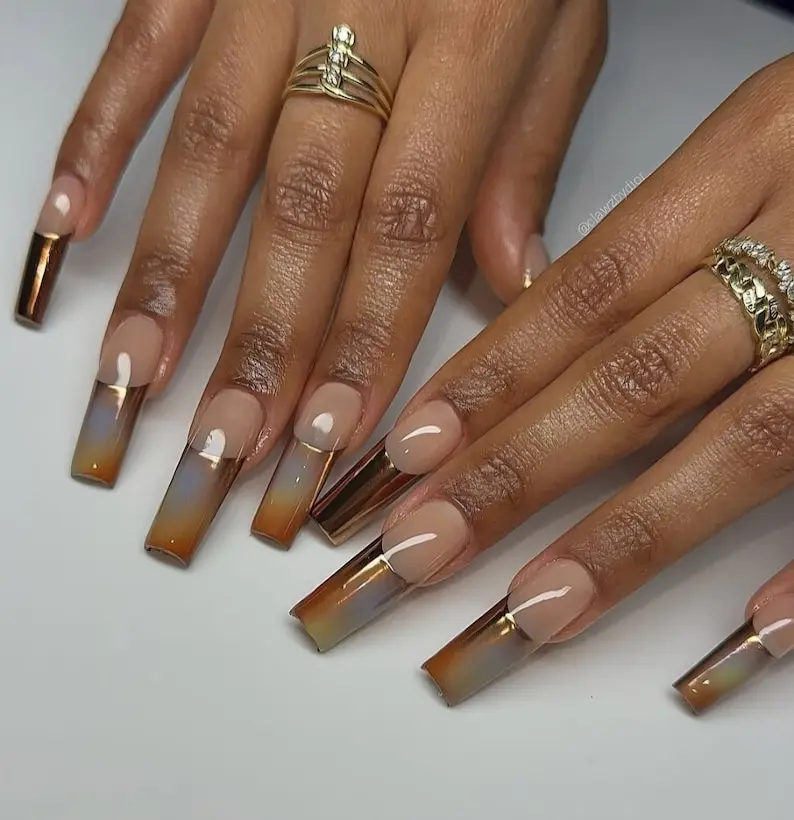Luxury custom nails/free style/ long nails/ party nails/nude nails/french tip gold nails/trendy nails/ cute nails/gold chrome nails stiletto