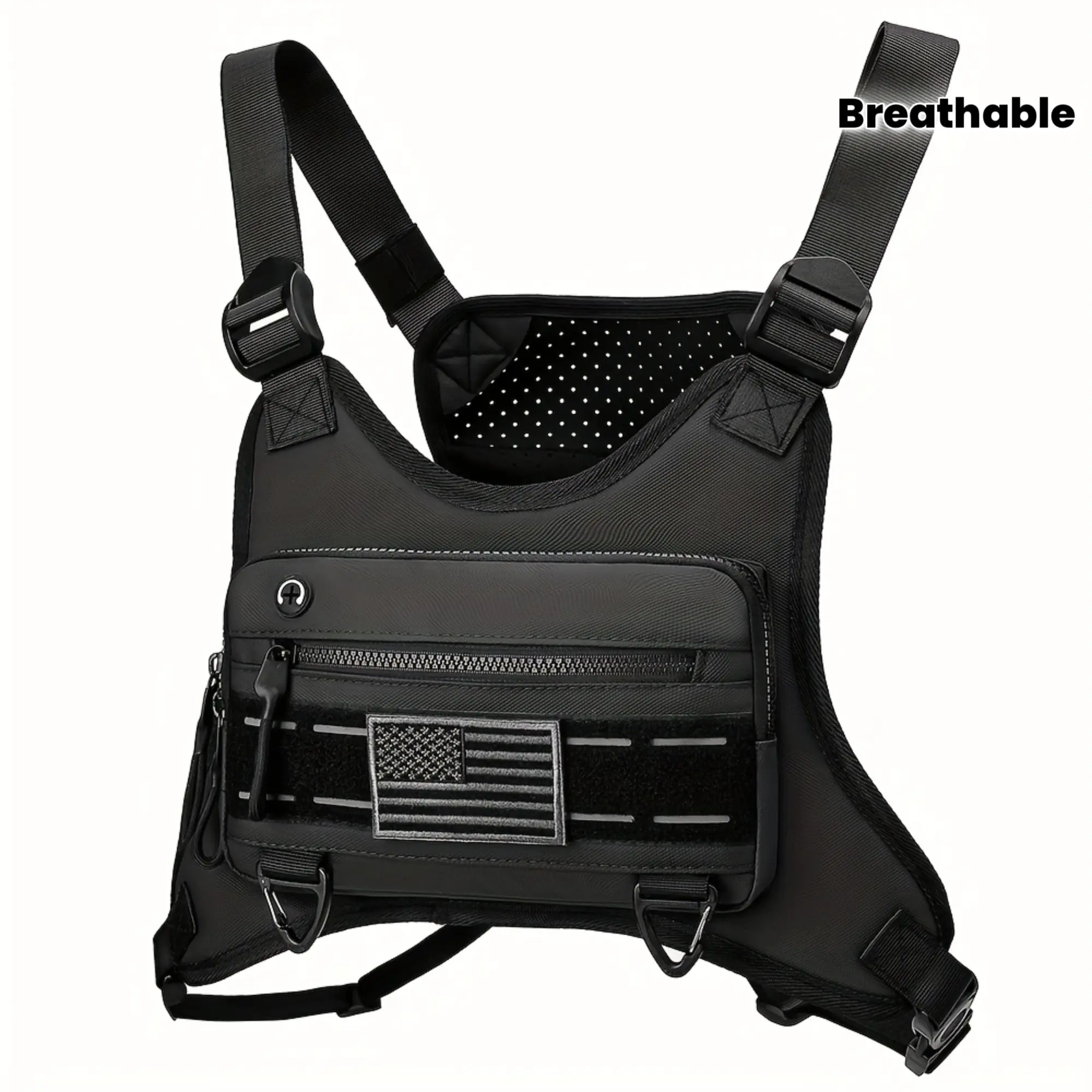 Men's Tactical Chest Rig - Black Streetwear Oxford Cloth Chest Pack for Adults, Breathable Mesh, Zippered Pockets, Adjustable Strap, Flag Patch, Waist Pack Bum Bag for Running, Waist Packs
