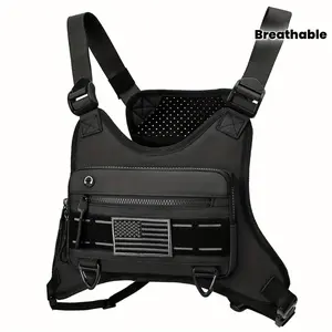 Men's tactical chest bag with breathable mesh backing and multiple zippered pockets - adjustable shoulder strap, American flag patch, black, suitable for cycling, fitness, outdoor running, and daily commuting, with secure zippered pockets.