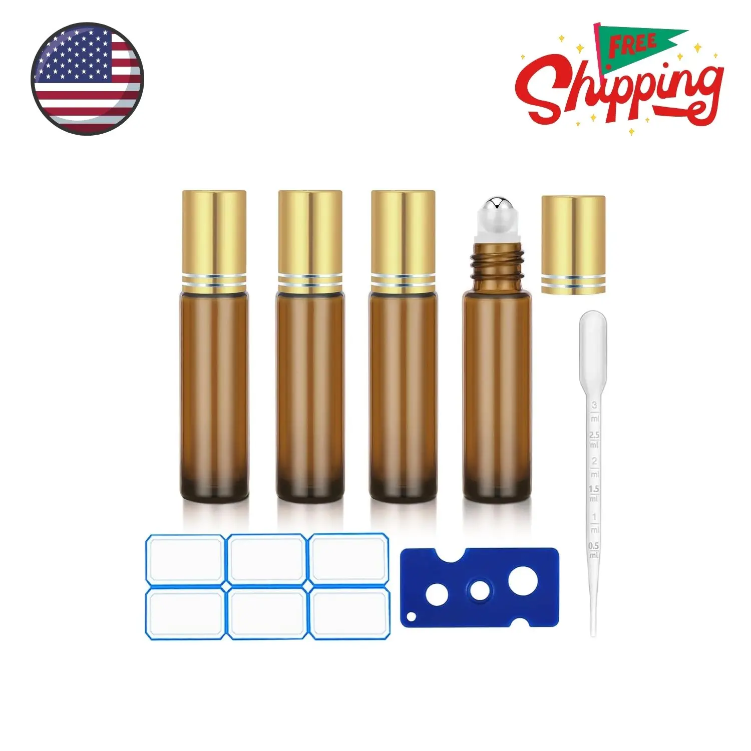 4 Pack of 0.34 Oz (10ml) Essential Oil Roller Bottles - Refillable