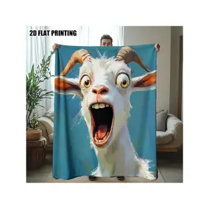 1pc Funny Surprised Goat Face Printed Throw Blanket - Soft Flannel All-Season Lightweight Bedspread With Expressive Goat Design, Light Beige-Friendly Bed, Chair, Travel Or Outdoor Use - Humorous Goat Lovers, Durable & Easy Care