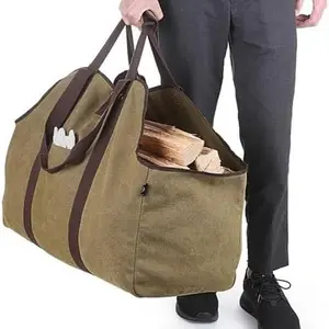 Waterproof Waxed Canvas Firewood Carrier Bag Extra Large Log Holder Freestanding Tote for Outdoor & Home Use