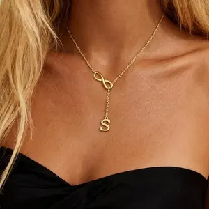 Gold Initial Necklaces for Women Trendy Dainty Long  Gold Plated Infinity Lariat Letter Necklace Non Tarnish Friendship Personalized Name Drop Pendant Y Necklace Stack Jewelry Gift