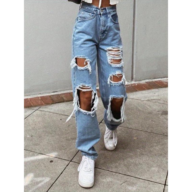 2025 Women's Sexy Wild Solid Color High Waist Ripped Jeans Trouser Denim jean baggy jeans stacked jeans 90s outfits purple jean bootcutjeans baggy jeans outfits mom jeans Bottoms Cotton Womenswear Polyester Printed Woven Pants Streetwear