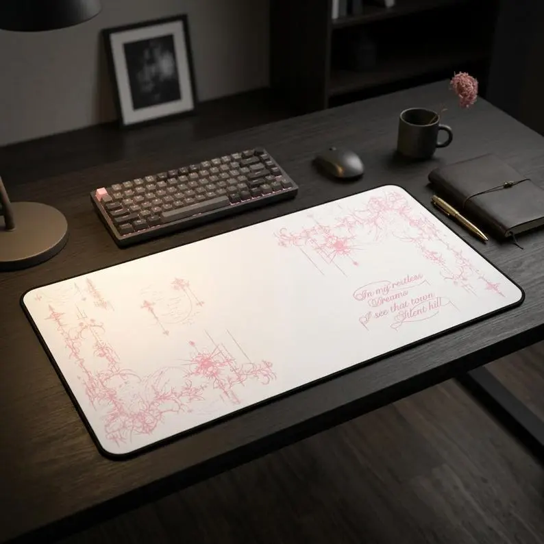 Cybersigilism Pink Silent Hill floral script Desk Mat | girly elegant mousepad deskpad, Non-Stitched Mat