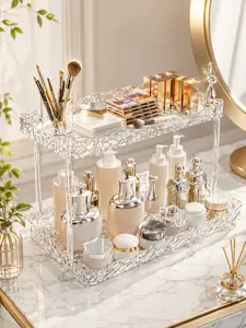 2-Tier Acrylic Cosmetic Storage Organizer Unit, Space-Saving Vanity & Bathroom Counter Tray for Skincare, Perfume & Cosmetics