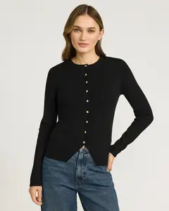 Express Airy Soft Fitted Ribbed Novelty Button Cutaway Cardigan