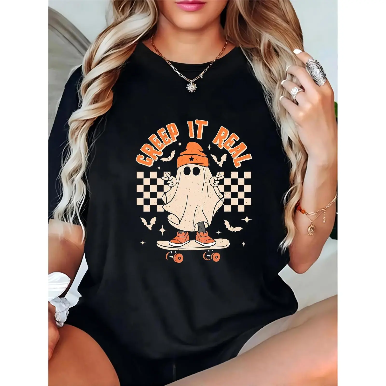 Women's Loose-Fitting Round Neck Halloween T-Shirt - 100% Cotton Lightweight Breathable Short-Sleeve Casual "Creep It Real" Streetwear Graphic Top