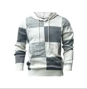 A grey and white plaid hooded knit sweater with a casual style, practical hood design suitable for mildly chilly days, plaid patchwork for recognition, durable knitted fabric easy to maintain, well fitting silhouette not picky about body shape, those who