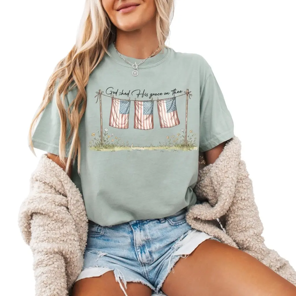 Comfort Colors God Shed His Grace On Thee Shirt, Christian 4th of July Shirt, Independence Day Shirt, Women T shirt, Cute USA flags, Trendy Cotton Fit