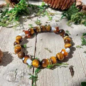 Natural Tiger Eye Mushroom Crystal Beads Bracelet Anxiety Relief Gemstone Gifts for Confidence and Healing Crystals for Grounding/Protection Bracelet