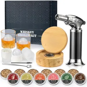 Bourbon Whiskey Smoker Kit with Torch - Old Fashioned Cocktail Smoker Kit with 2 Whiskey Glasses, 6 Wood Chips - Valentines Anniversary Birthday Gifts for