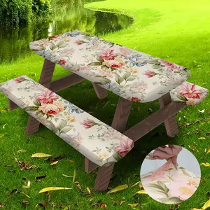 3-Piece Polyester Picnic Tablecloth Set, Floral & Leaf Print Design, Includes Table Cover & Bench Covers, Outdoor Use Elastic Design for Picnic Dining Table, Patio Dining Table