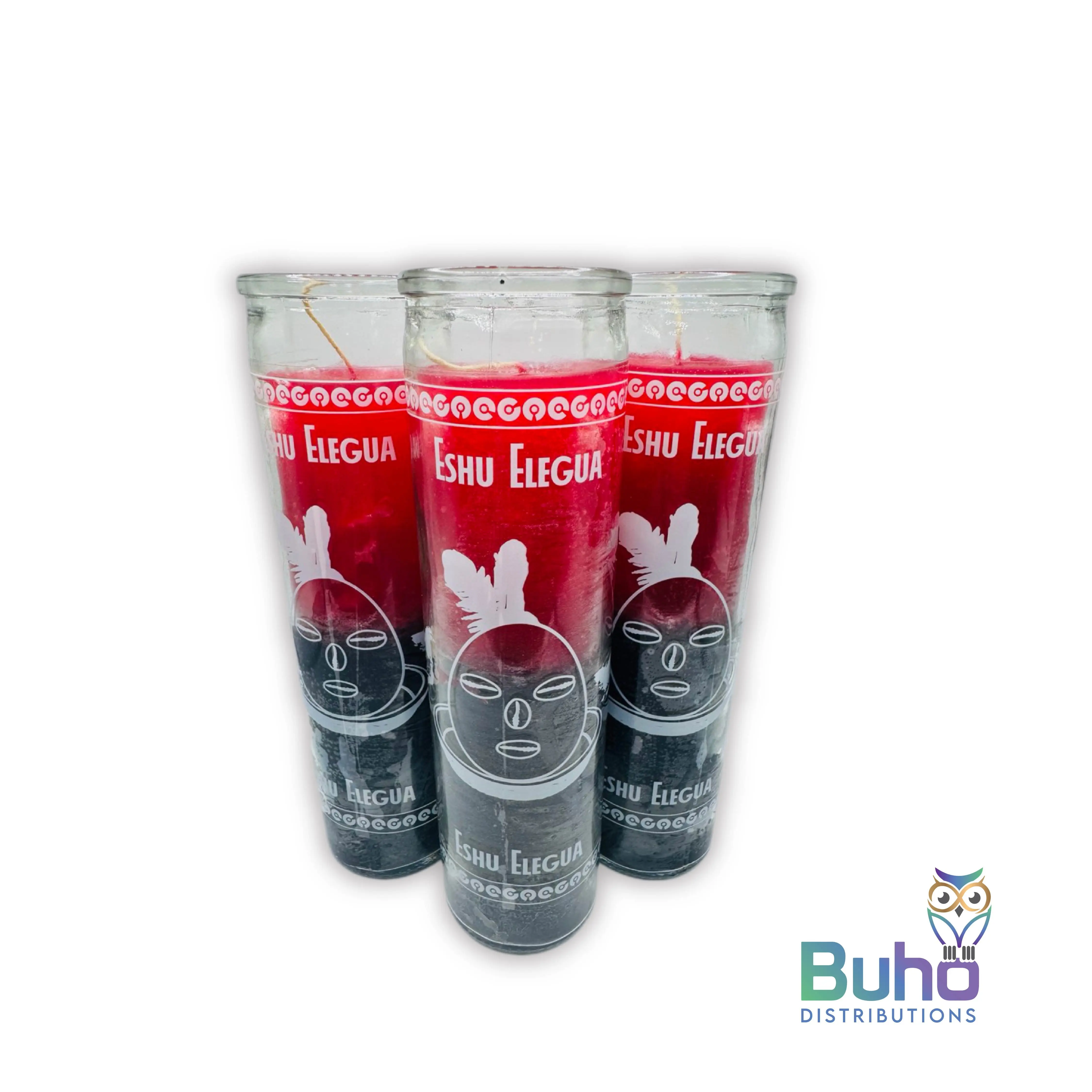 Eshu Eleggua 8" Transparent-Black/Red |Eshu Eleggua Negro/Rojo|  Set of 3 Religious 8” Candles | Búho Distribution