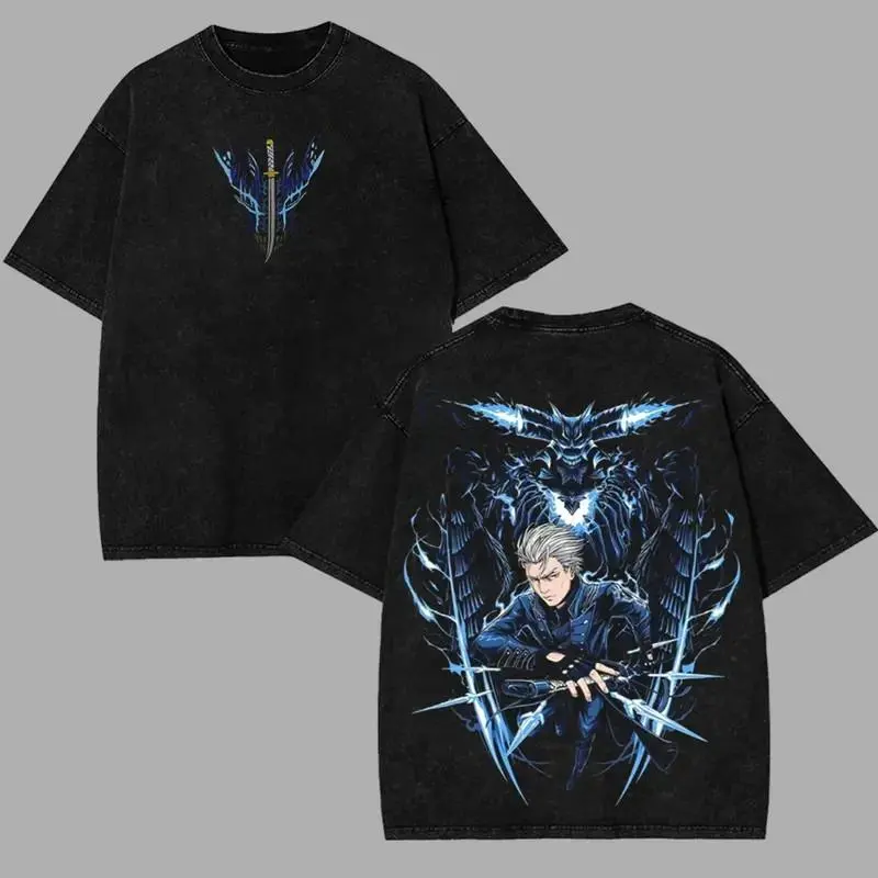 Mens Devil May Cry Vergil Alpha and Omega Anime Graphic Short-Sleeve Vintage Casual Top, Menswear Streetwear T-Shirt