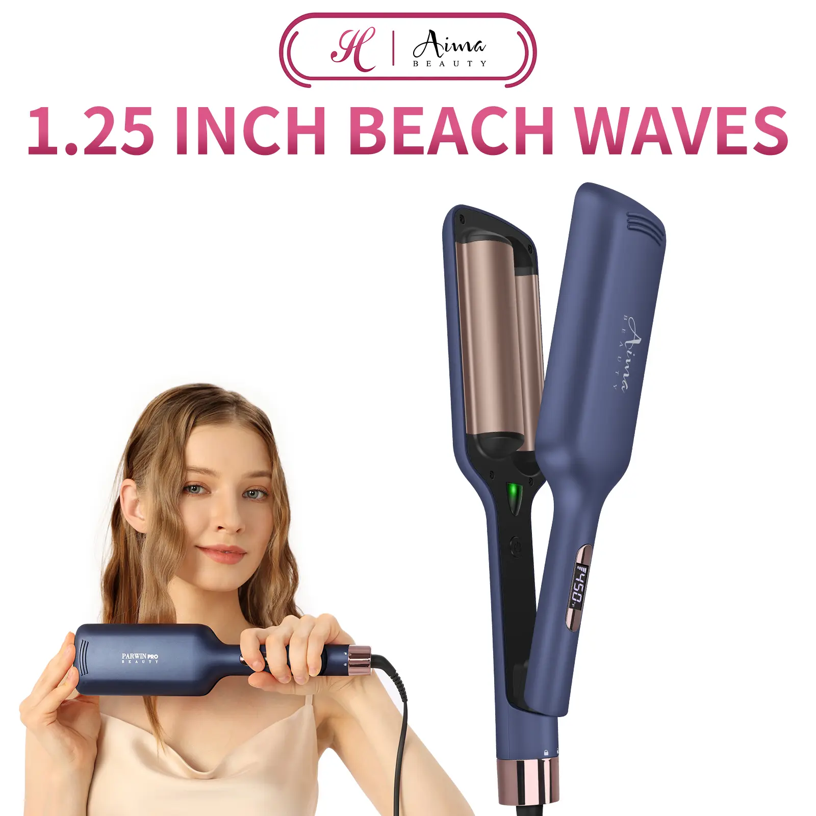 Aima Beauty 1.25" Barrel Beach Wave Hair Waver & Crimper Curling Iron, Negative Ionic Ceramic Deep Wave Tool for All Hair Types, Adjustable Temp, Dual Voltage, Anti-Scald, US Plug Compact Travel Dorm Essential