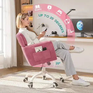 Home Office Chair With Wheels & Side Pockets Vanity Chair Adjustable Height Soft Upholstered Modern Desk Chair With Backrest & Arm For Bedroom, Pink
