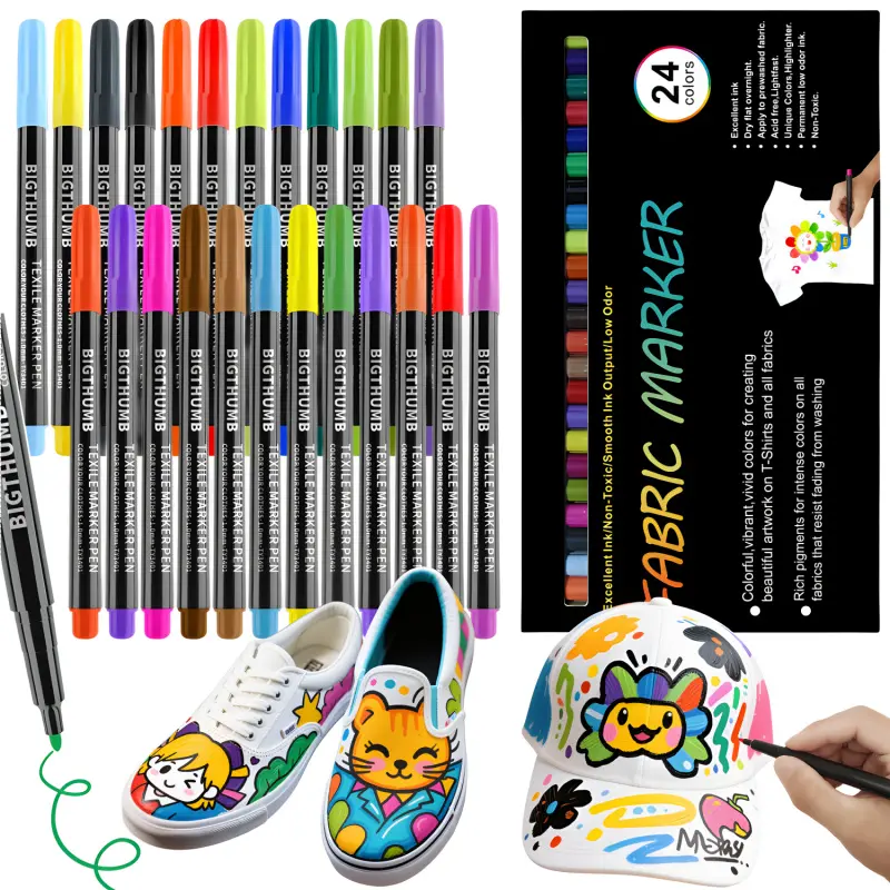 24 Colors Fabric Markers Permanent For Clothes,Waterproof & Machine Washable, No Bleed Pens for T-Shirt, Canvas Shoes, Bags, Pillowcase, Fine Tip Clothing Markers for Laundry Marker