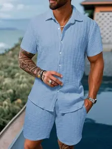 KZZ Men's Solid Textured Short Sleeve Button Front Shirt & Pocket Drawstring Waist Shorts Two-piece Set Classic Summer Outfits Clothes Set for Men - Menswear