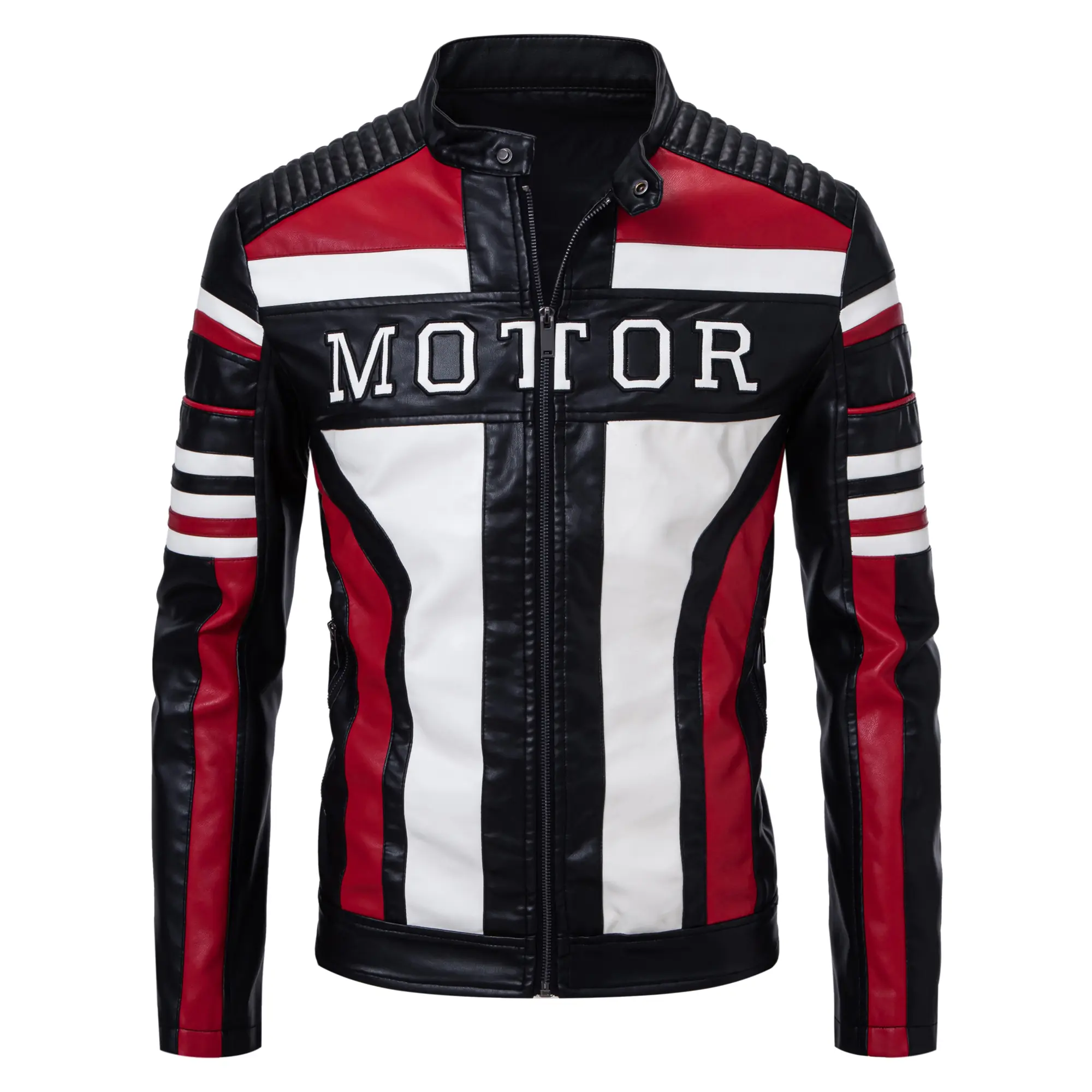 Men's Biker Leather Jacket, Geometric Color-Block Design in Glossy Smooth PU with Quilted Protective Shoulders & "MOTOR" Embroidery, Tops, Decoration, Personalized, Menswear, Ribbed, Stripe, Classic, Casual, Sleeve