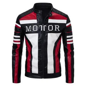 Black, red and white color-block stand-collar biker leather jacket, featuring shoulder quilting, striped splicing and "MOTOR" embroidery, trendy and unique, ideal for street riding and fashion wear.