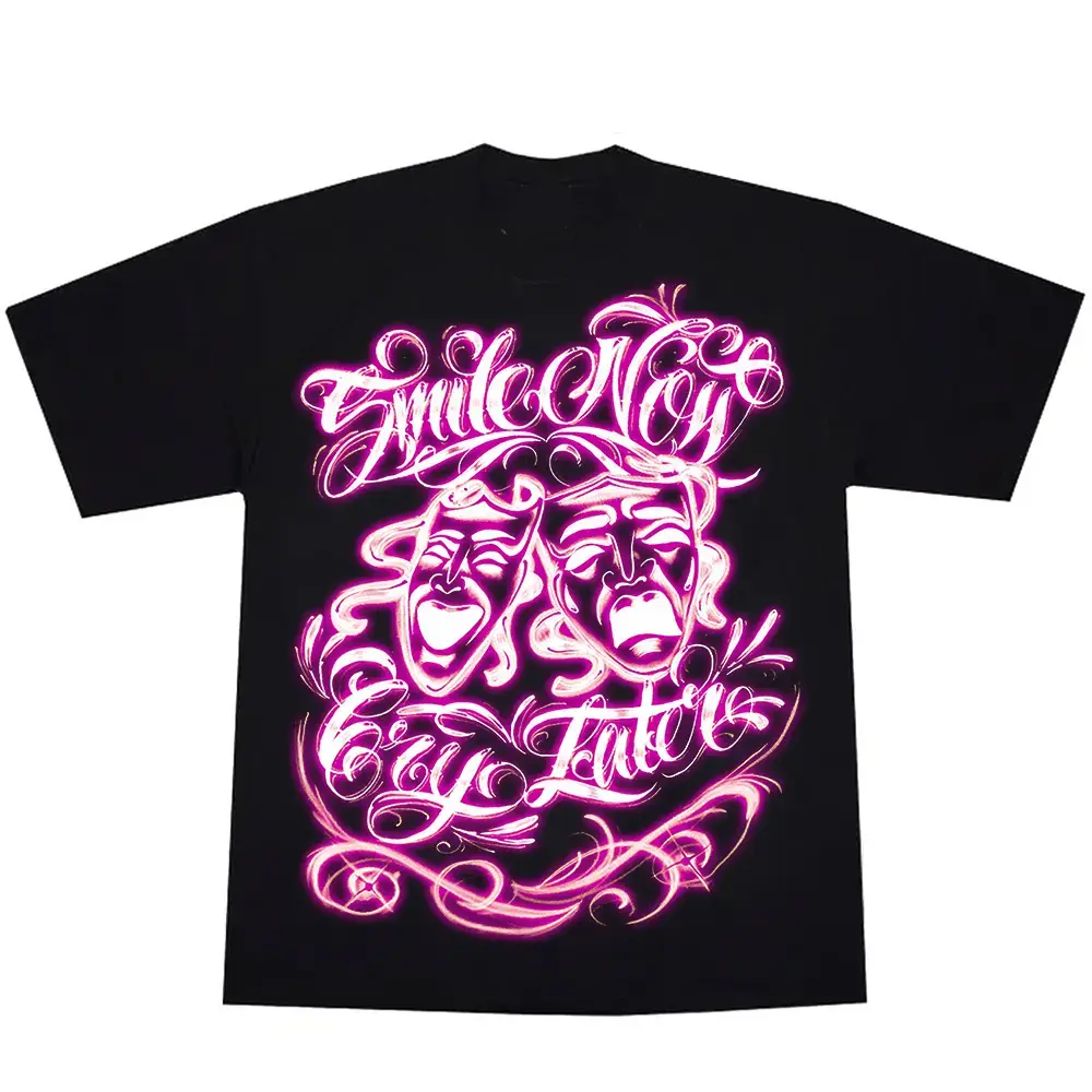 Men's Short-Sleeve Cotton Casual Round Neck T-Shirt - Airbrushed Pink Smile Now Cry Later Graphic, Chicano Streetwear, Fashion Gangster Sports Top, Shortsleeve, Tshirt, Bold Street Graphic, Custommade Tee, Menswear, Graphic Tee