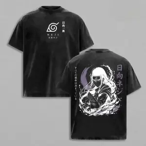 Naruto Hyuga Neji Vintage Acid Wash Oversized T-Shirt Front Leaf Village Neji Kanji Logo Back Byakugan Neji Character Graphic Distressed Black Unisex Cotton Crewneck Anime Fan Tee Great Gift For Naruto Shippuden Fans Casual Street Outfit，good graphic tees