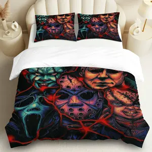 3PCS Duvet Cover Set, 1 Duvet+2 Pillowcases(Without filler), Horror Movie Mask Theme, Halloween Bedding Set, Scary Decor Suitable for Decoration Bedroom, Dormitory, Guest Room, Lounge, Decorative Bed Sets