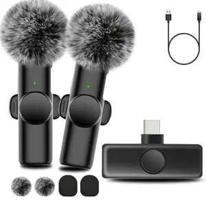Wireless Microphone, USB Rechargeable Lavalier Microphone, Crystal Clear Recording Microphone for Video Recording, Compatible with iPhone, iPad, Android, Audio