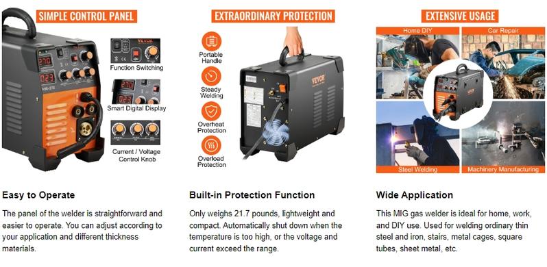 VEVOR MIG Welder, TikTokShopBlackFriday, 130-270A Flux Core Welder, 3 in 1 Combo MMA/MIG/LIFT TIG Welder Machine, Portable MIG-130 Welding Machine IGBT Inverter, Automatic Wire Feeding Welder for Stainless Steel