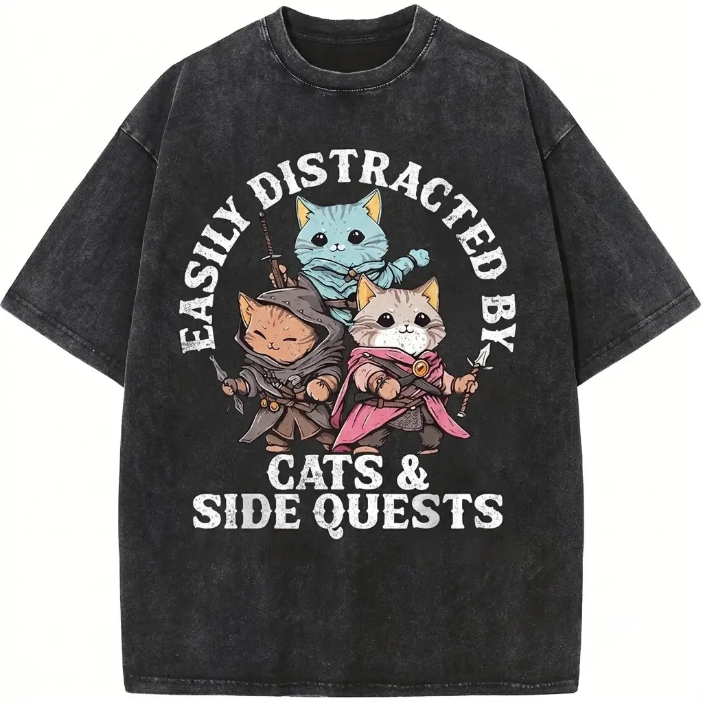 Men's Vintage Acid Wash Short-Sleeve Graphic T-Shirt - Aesthetic RPG Gamer Cat Apparel, Seamless Garment, Oversized Streetwear Top for Retro Fantasy Casual Use, Shortsleeve, Fashion, Cotton, Fabric