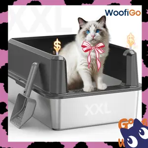 WoofiGo Enclosed Stainless Steel Cat Litter Box with Lid XL Extra Large for Big Cats Metal High Sided Pan Never Absorbs Odors Anti-Urine Leakage Includes Scoop 65-Darkgray