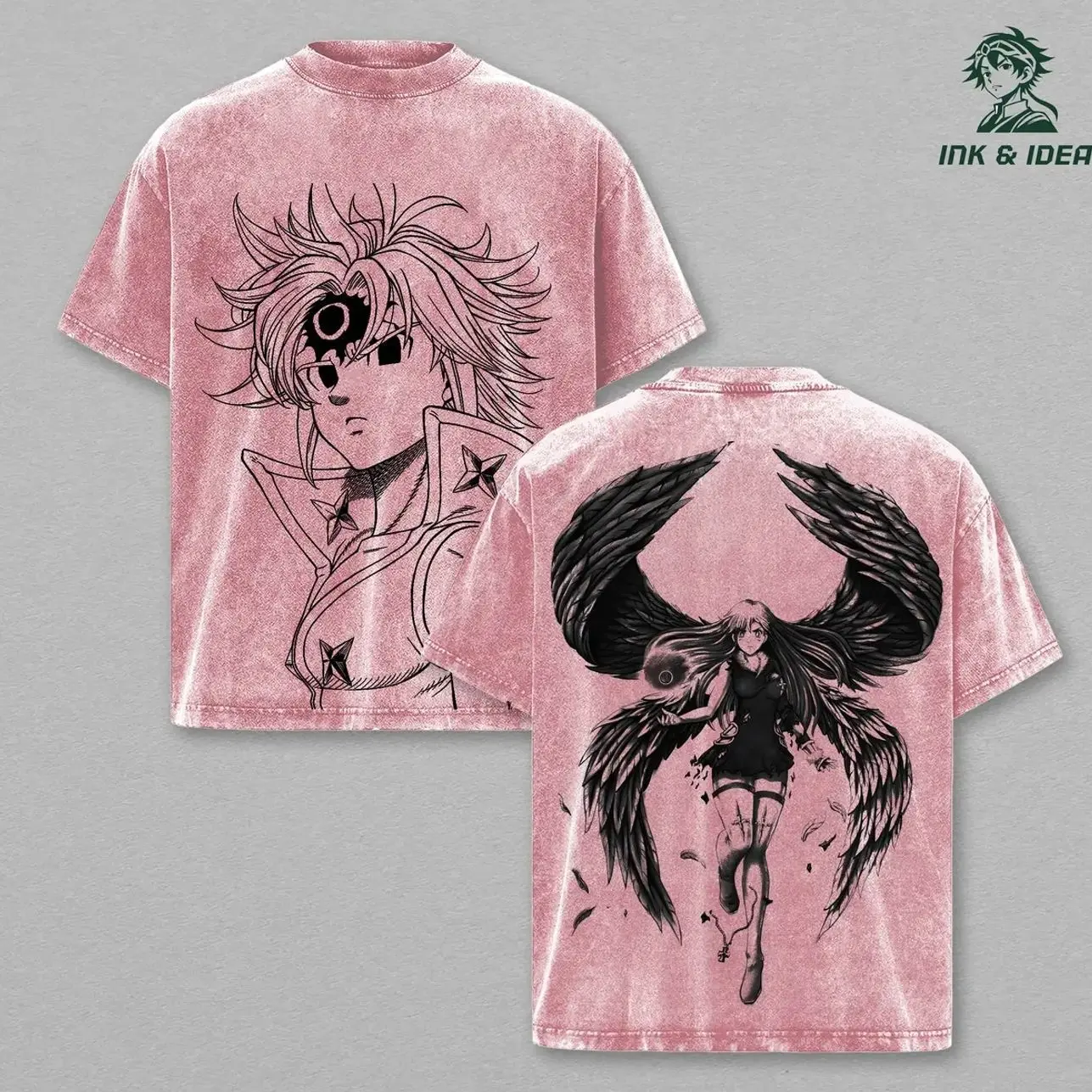 Meliodas x Elizabeth Liones Anime Double Printed Vintage Washed Tee Unisex Oversize Heavyweight Cotton T-shirt for Anime Fans and Lovers CJR