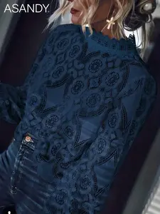 Elegant Women's Long Sleeve Top with Stand Collar and Lace Trim