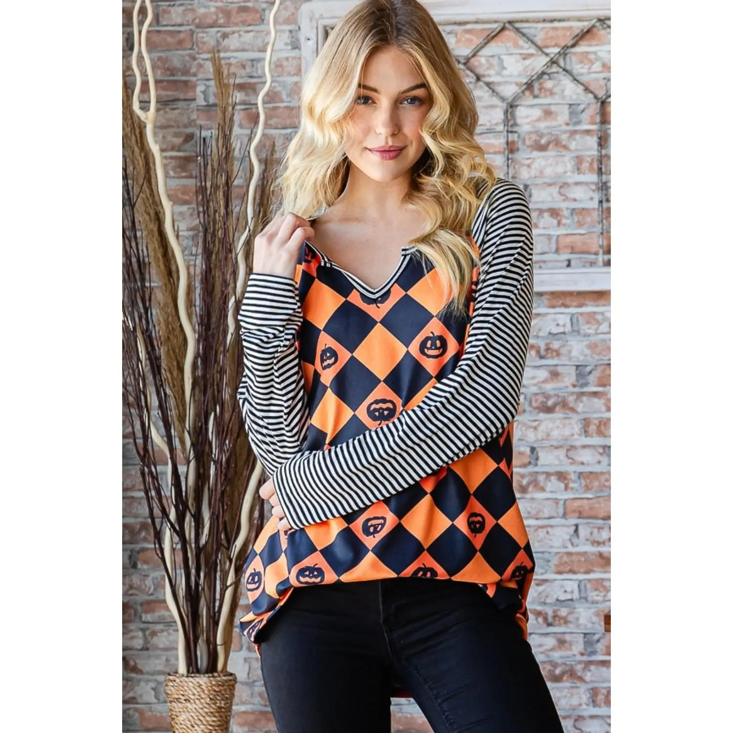Heimish Full Size Checkered Contrast Striped Long Sleeve T-Shirt