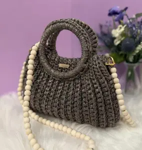 Crochet Gray-Gold Purse with Beaded Handle and Sparkling Finish for Stylish Everyday Use