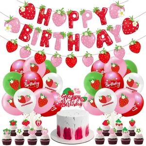 Strawberry birthday party decoration set with balloons cake toppers for girls birthday fruit strawberry theme party supplies