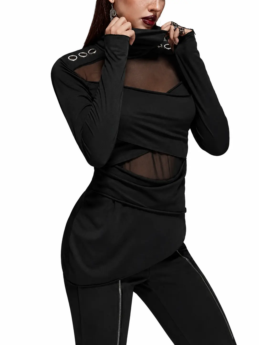 Rosegal Women's Gothic Polyester Fabric Top - Ruched Surplice High Neck, Asymmetrical Long Sleeves, Stylish Fitted Mesh Solid Blouse