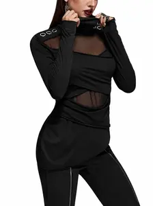 Rosegal Women's Gothic Polyester Blouse - Ruched Surplice High Neck, Asymmetrical Longsleeves, Stylish Fitted Mesh Solid Top