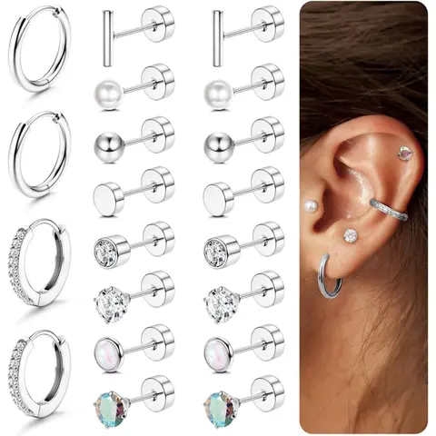 Jstyle Unisex 20G Lead-Free Steel Stud Earring Jewelry Set - Hypoallergenic Post, Flat Pierced Pieces, Huggie Hoops, Cartilage Naps, Earcuffs for 8+2 Style Mix Ear Stacking, Made for Long-Term Wear