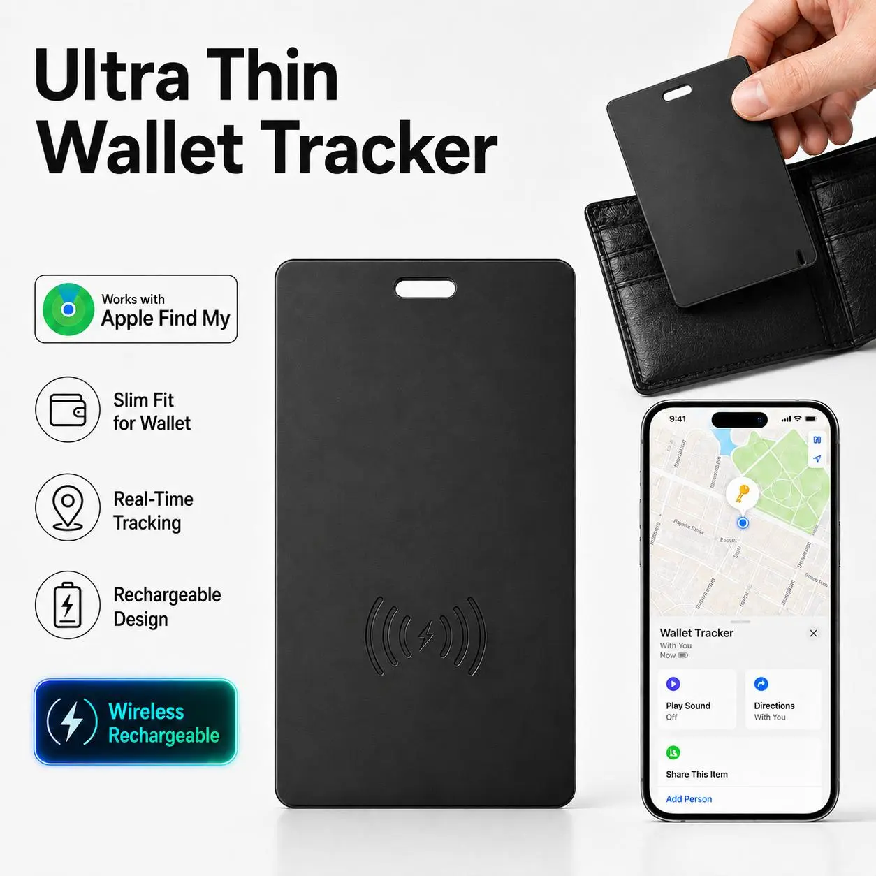 Smart Wallet Tracking Card - iOS-Only Find My Compatible GPS Tracker with Real-Time Location, High-Decibel Anti-Lost Reminder, Keychain Locator for Cars/Bicycles, Luggage Tag