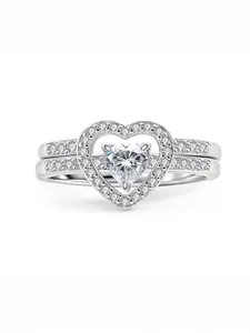 5A Heart & Arrow Cubic Zirconia Stacking Ring Set, Copper Gold Plated Dainty Heart Halo & Solitaire Rings, Bridal Jewelry Set