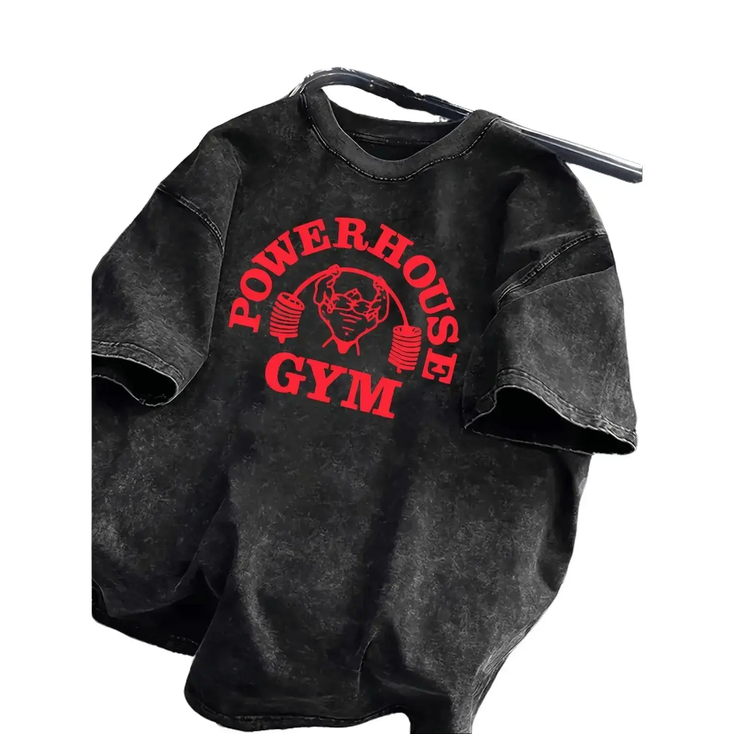 Men'S Heavyweight T-Shirt - 100% Vintage Washed Gym | Loose Fit, Wide Shoulder Sleeves, Gorilla World Gym & Powerhouse Gym Graphic Print DTG Process Unisex Loose-Fitting T-shirt, Washed Casual Top (100% Cotton, 280g)