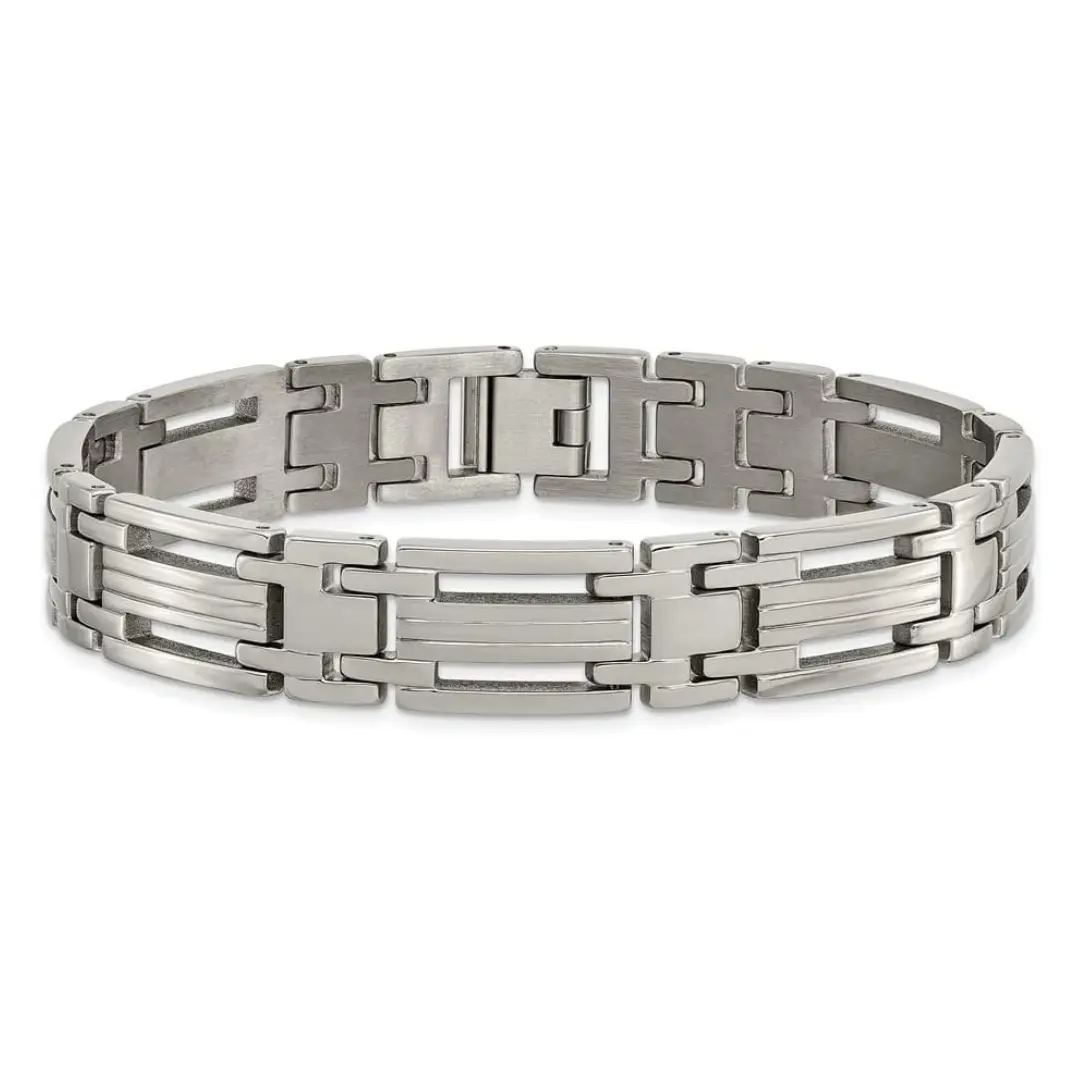 Men's Pure Titanium Link Bracelet, Modern Geometric H-Bar Style, 11mm Lightweight Hypoallergenic Everyday Wear Jewelry, Father's Day Gift, Milestone, 11Mm Wide, H-Bar Accent, 8.75 Inches Long, Anniversary
