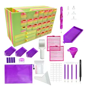 1 set of diamond painting toolkit with 19/31-grid drawer style diamond storage boxes, including roller trays, tweezers, diamond pens, wax funnels and other accessories