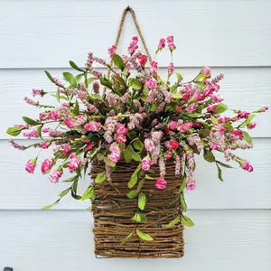 Pink Berry Wildflower Door Hanger Basket Wreath - Spring & Summer Front Door Decor, Mother's Day Hanging Ornament, Seasonal Welcome Basket for Weddings, Parties, Home Decoration，Outdoor artificial flowers/artificial flower decorations/home decorations